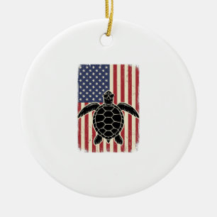 Vintage Havssköldpadda Amerikansk Flagga Patriotis Julgransprydnad Keramik