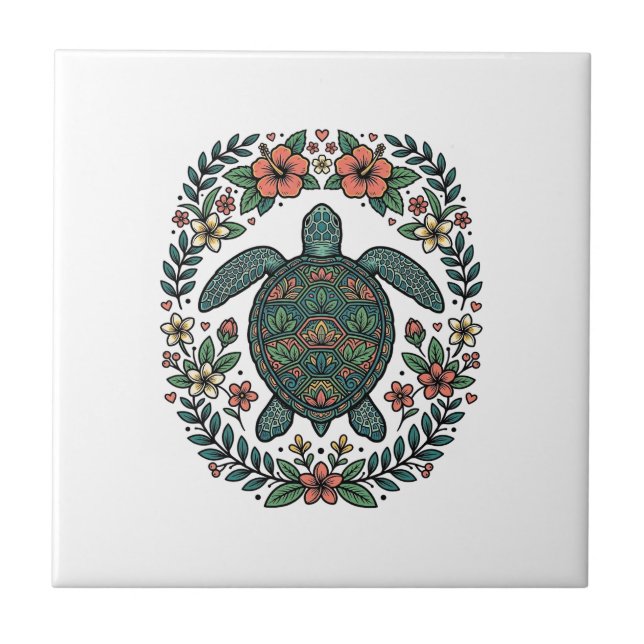 Vintage Havssköldpadda Blommig Vektordesign_1 Kakelplatta (Framsidan)