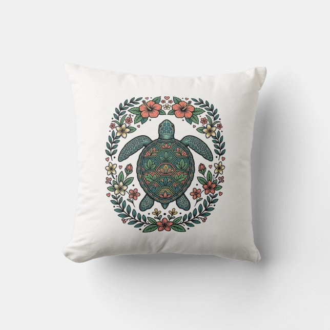 Vintage Havssköldpadda Blommig Vektordesign_1 Kudde (Framsida)