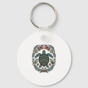 Vintage Havssköldpadda Blommig Vektordesign_1 Nyckelring