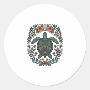 Vintage Havssköldpadda Blommig Vektordesign_1 Runt Klistermärke