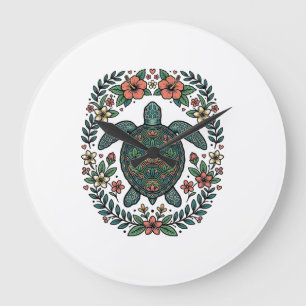 Vintage Havssköldpadda Blommig Vektordesign_1 Stor Klocka