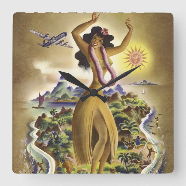 Vintage Hawaii 2 Fyrkantig Klocka (Framsida)