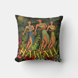 Vintage Hawaii Hula Dansare Retro Tiki Palmträd Kudde