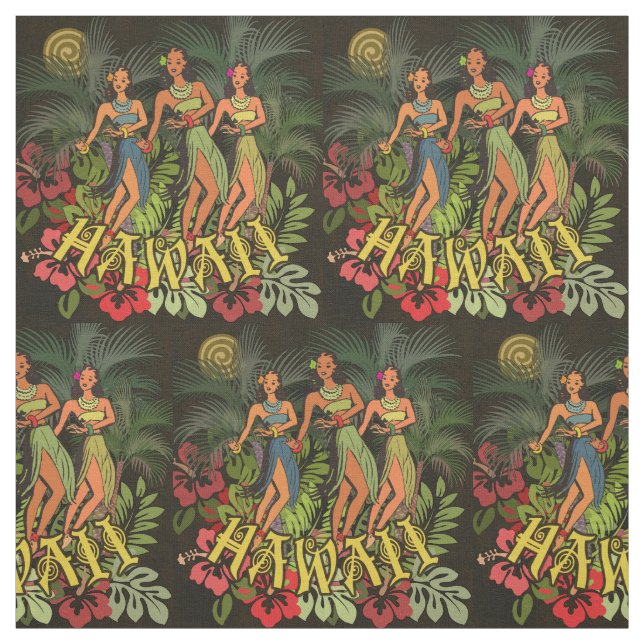 Vintage Hawaii Huladansare Retro Tiki Palmutre Tyg (Provkarta)