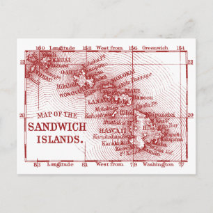 Vintage Hawaii Karta, Röd Vykort