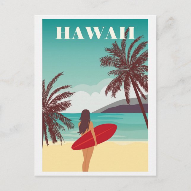 Vintage Hawaii Oceanstrand Surfing Kvinna Resa Vykort (Framsida)