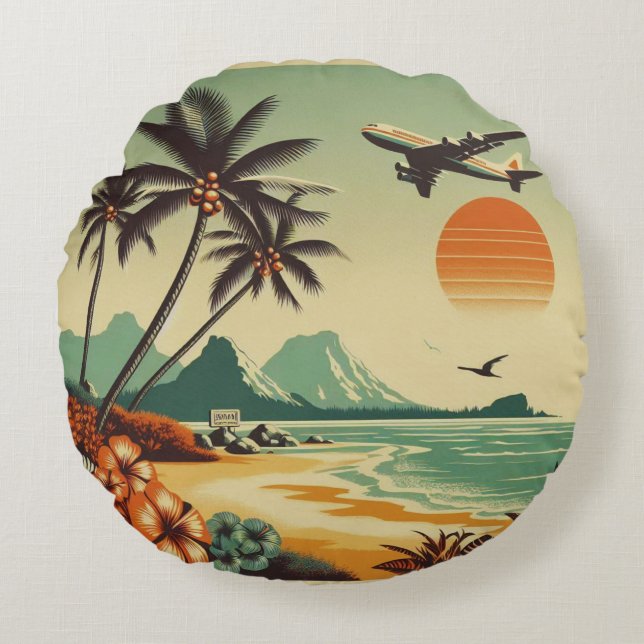 Vintage Hawaii/Tropical Rund Kudde (Framsidan)