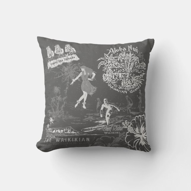 Vintage Hawaiian Travel Collage Grått Reversible Kudde (Framsida)