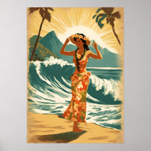 Vintage Hawaiian Travel Honolulu Mid Pacific Poster