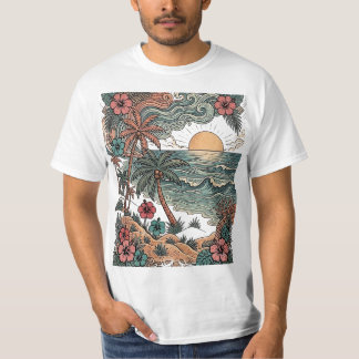 Vintage hawaiiansk solnedgång och palmer t shirt