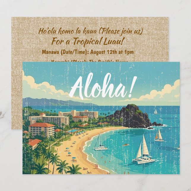 Vintage hawaiianska resposter - Maui Inbjudningar (Fram/baksida)