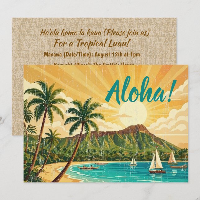 Vintage hawaiianska resposter - Oahu Inbjudningar (Fram/baksida)
