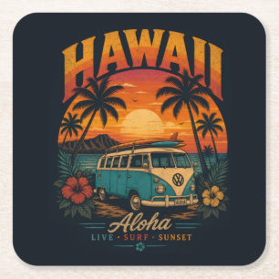 Vintage hawaiianskt solnedgång palmträd surfbord A Underlägg Papper Kvadrat