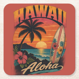 Vintage hawaiianskt solnedgång palmträd surfbord a underlägg papper kvadrat