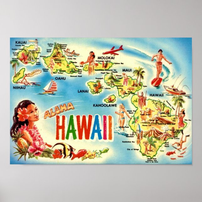 Vintage Hawaiiöarna Karta Poster (Framsidan)