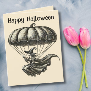 Vintage Häxa Flygande Pumpa Fallskärm Halloween Helgkort