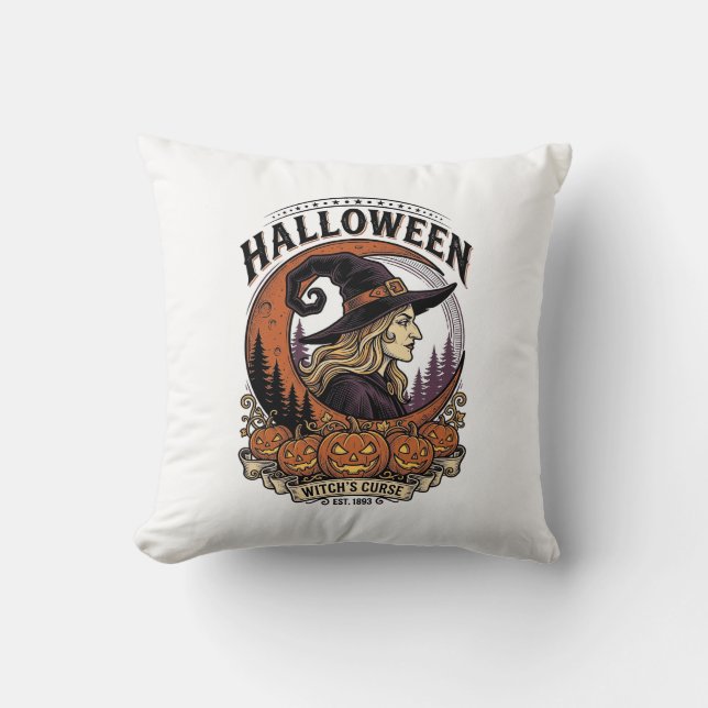 Vintage Häxa Halloween Pumpa Måne Gravyr Konst Kudde (Framsida)