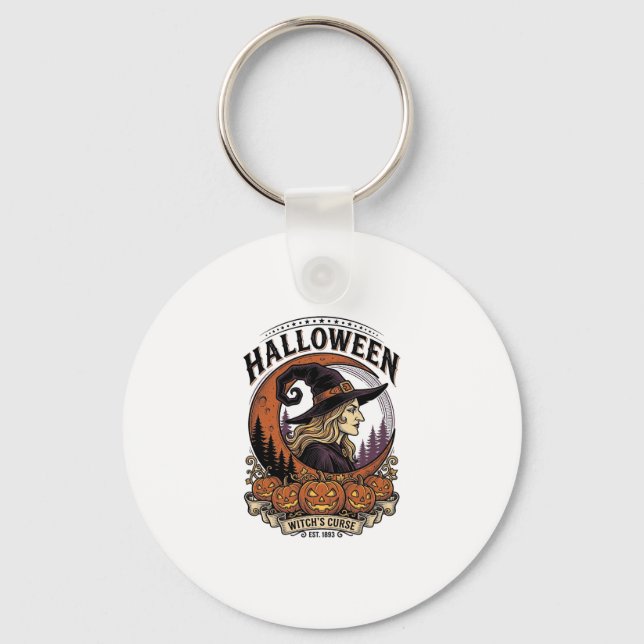 Vintage Häxa Halloween Pumpa Måne Gravyr Konst Nyckelring (Framsida)