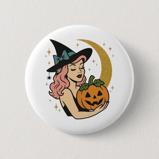 Vintage Häxa med Pumpa Halloween Knapp (Framsida)