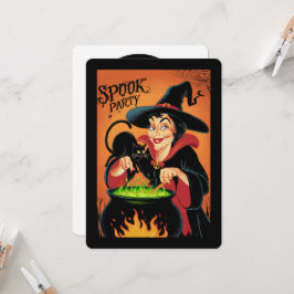 Vintage häxa och svart katt Halloween spöklik fest Inbjudningar