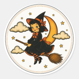 Vintage Häxa Ridande Kvast Halloween Runt Klistermärke