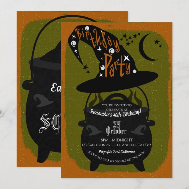 Vintage Häxgryta Födelsedag Halloweenfest Inbjudningar (Fram/baksida)