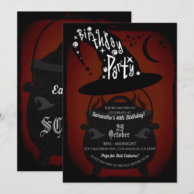 Vintage Häxkvast Födelsedags Halloweenfest Inbjudningar (Fram/baksida)