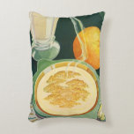 Vintage Health Mat, Beverages, Healthy Breakfast Prydnadskudde<br><div class="desc">Vintage illustrerar bilden av hälsomat och dryck med en hälsosam frukost av havremjöl i hett,  glas av mjölk och en orange frukt.</div>