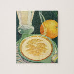 Vintage Health Mat, Beverages, Healthy Breakfast Pussel<br><div class="desc">Vintage illustrerar bilden av hälsomat och dryck med en hälsosam frukost av havremjöl i hett,  glas av mjölk och en orange frukt.</div>
