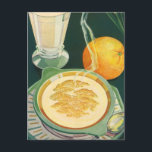 Vintage Health Mat, Beverages, Healthy Breakfast Vykort<br><div class="desc">Vintage illustrerar bilden av hälsomat och dryck med en hälsosam frukost av havremjöl i hett,  glas av mjölk och en orange frukt.</div>