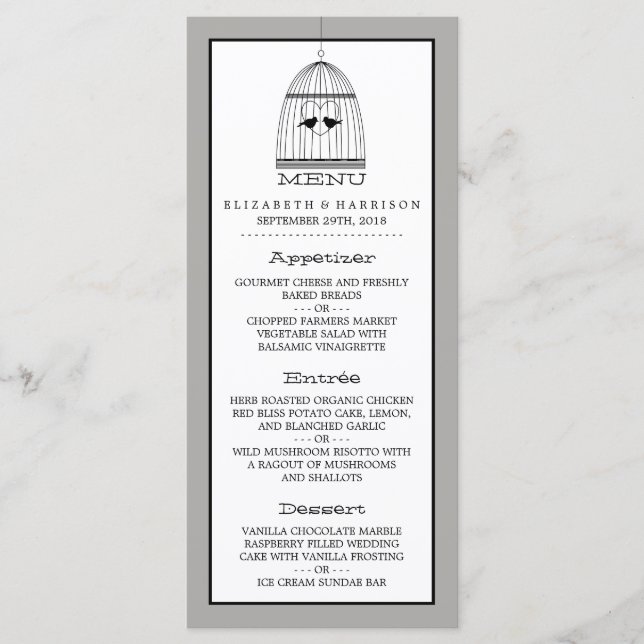 Vintage Heart Birdcage Bröllop Menu Meny (Framsida)