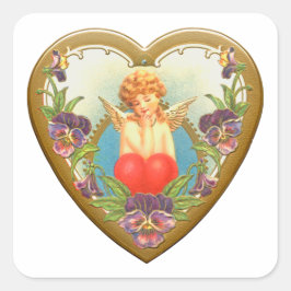 Vintage Heart cherub med blommor Square Sticker Fyrkantigt Klistermärke