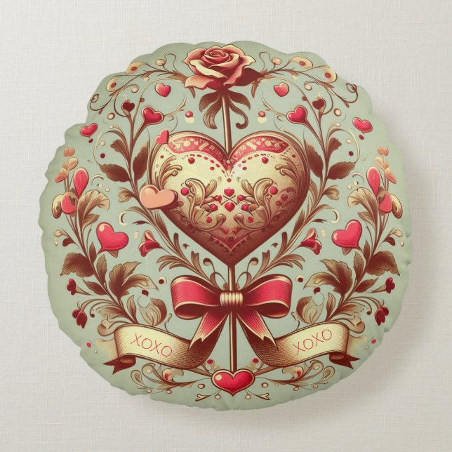 Vintage Heart Valentines dag xoxo Rund Kudde (Framsidan)