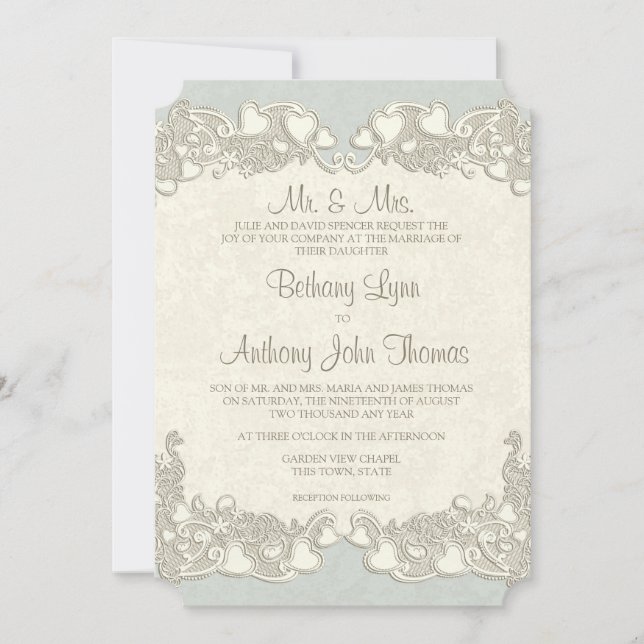 Vintage Hearts Land Sage Grönt Inbjudningar (Framsida)