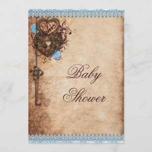 Vintage Hearts Lock och Nyckel Boy Shower Inbjudningar