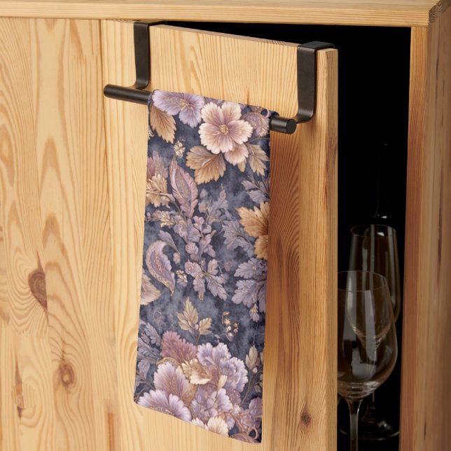 Vintage Heirloom Petals purple floral Kökshandduk (Thirds Fold)