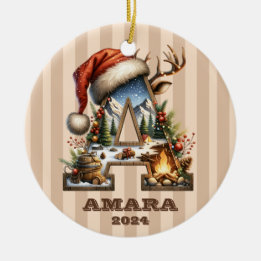 Vintage Helgdag Brev A Beige Stripe Julgransprydnad Keramik