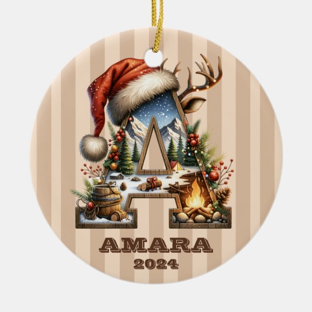 Vintage Helgdag Brev A Beige Stripe Julgransprydnad Keramik (Framsidan)