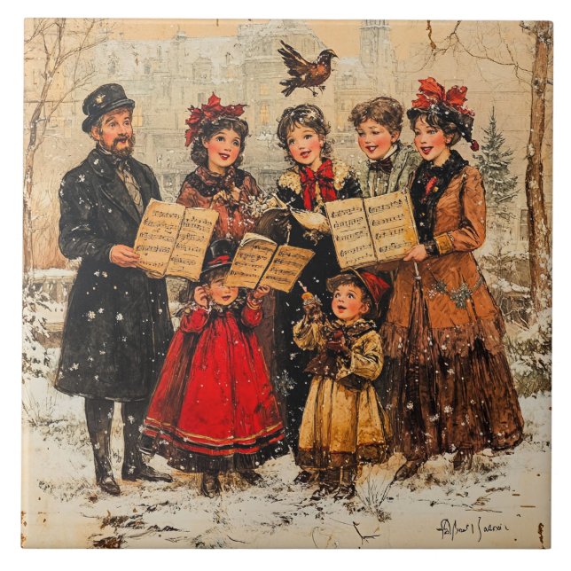 Vintage Helgdag Carolers Kakelplatta (Framsidan)