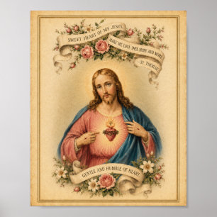Vintage Heliga hjärtas Jesu med St. Therese bönen Poster