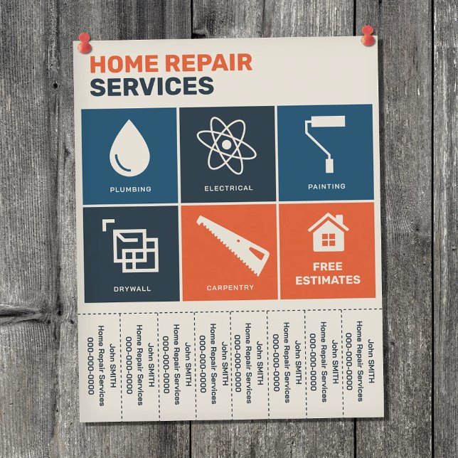 Vintage Hemreparationstjänster Riv-av-flikar Flyer (Vintage Home Repair Services Tear Off Strips Flyer)