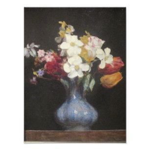 Vintage Henri Latour Blue Vas Narcissus och Tulip Fototryck