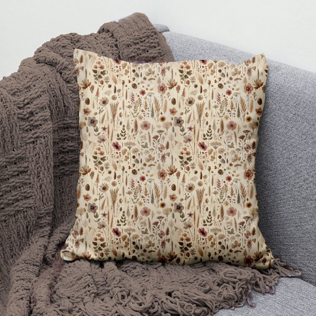 Vintage Herbarium Pressad Blomma Kuddöverdrag Kudde (Throw Pillow)