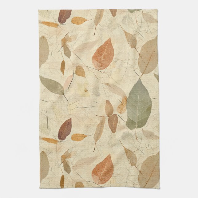 Vintage Herbarium Pressade blad Brun Guld Olivgrön Kökshandduk (Vertikal)