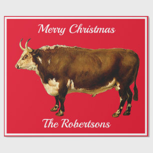 Vintage Hereford Bull på Red Presentpapper