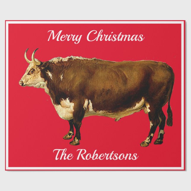 Vintage Hereford Bull på Red Presentpapper (Platt)