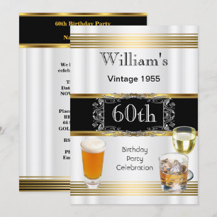 Vintage Herr 60-årsfirande Guld Vit Öl Inbjudningar