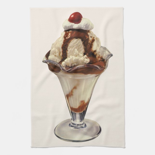Vintage Hett Fudge Ice Cream Sundae Desserts Kökshandduk (Vertikal)