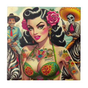 Vintage Hett Tattoo Girl Kakelplatta